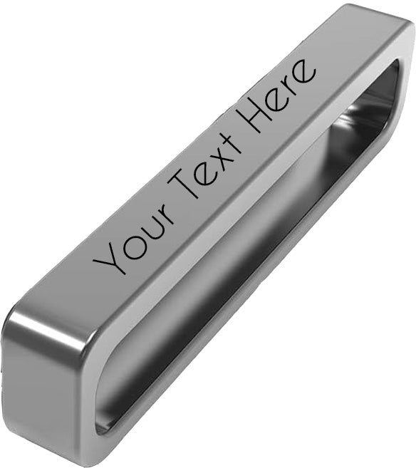 Engravable watch band charms in black, silver, rose gold, and gold finishes, designed for silicone watch bands.