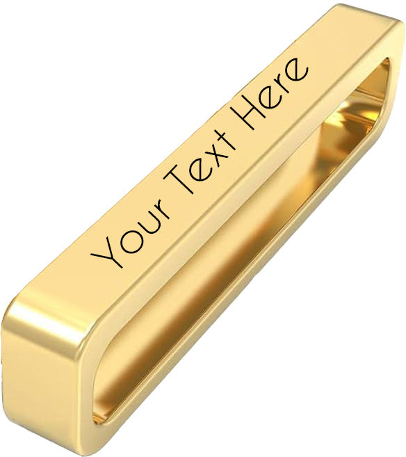 Engravable watch band charms in black, silver, rose gold, and gold finishes, designed for silicone watch bands.