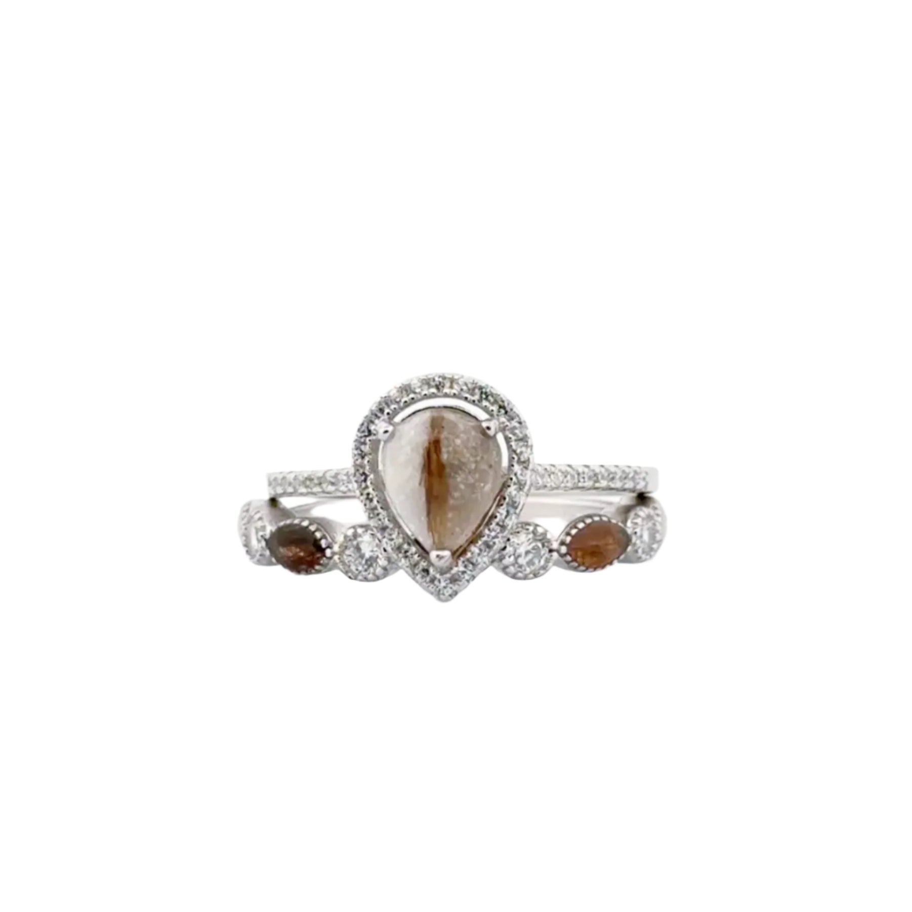 Aurora ring stack set showcasing customizable stacked rings with sentimental inclusions like breastmilk, ashes, or fur.