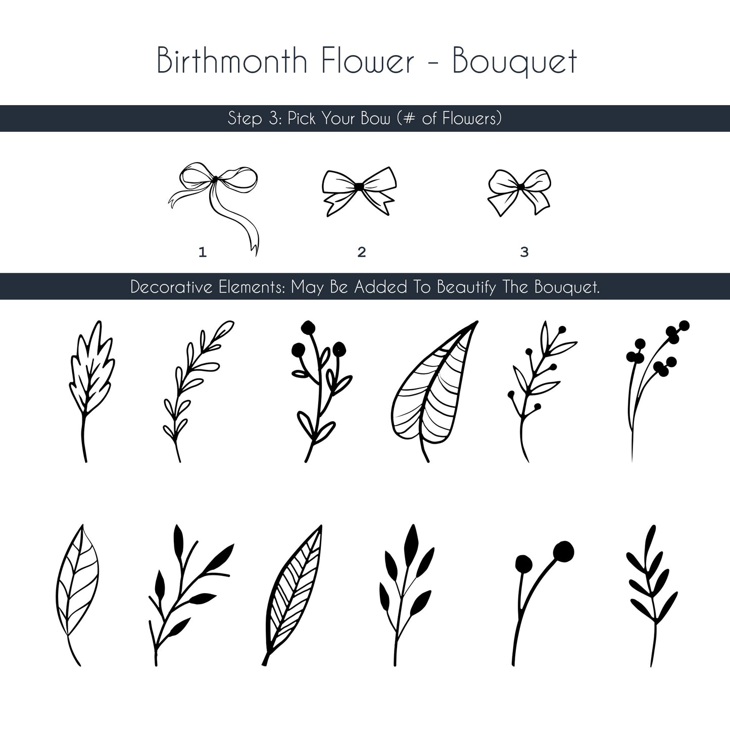 Customizable birth flower bouquet engraving options, including various bow and decorative item choices for a personal design.