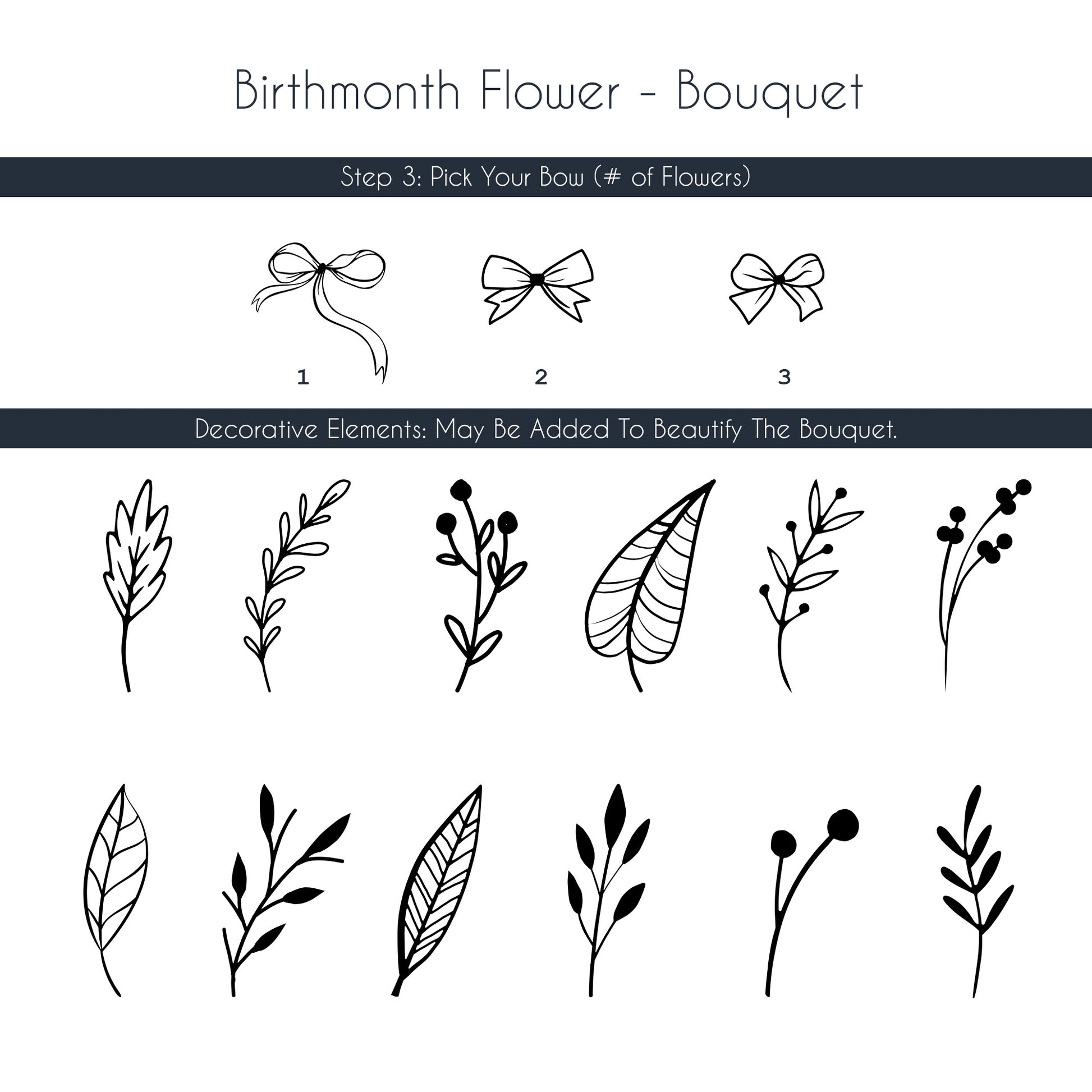 Customizable birth flower bouquet engraving options, including various bow and decorative item choices for a personal design.