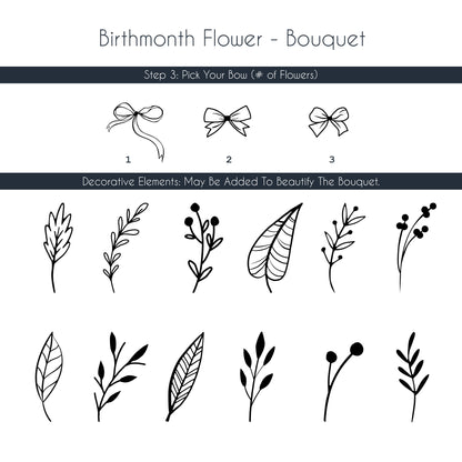 Customizable birth flower bouquet engraving options, including various bow and decorative item choices for a personal design.