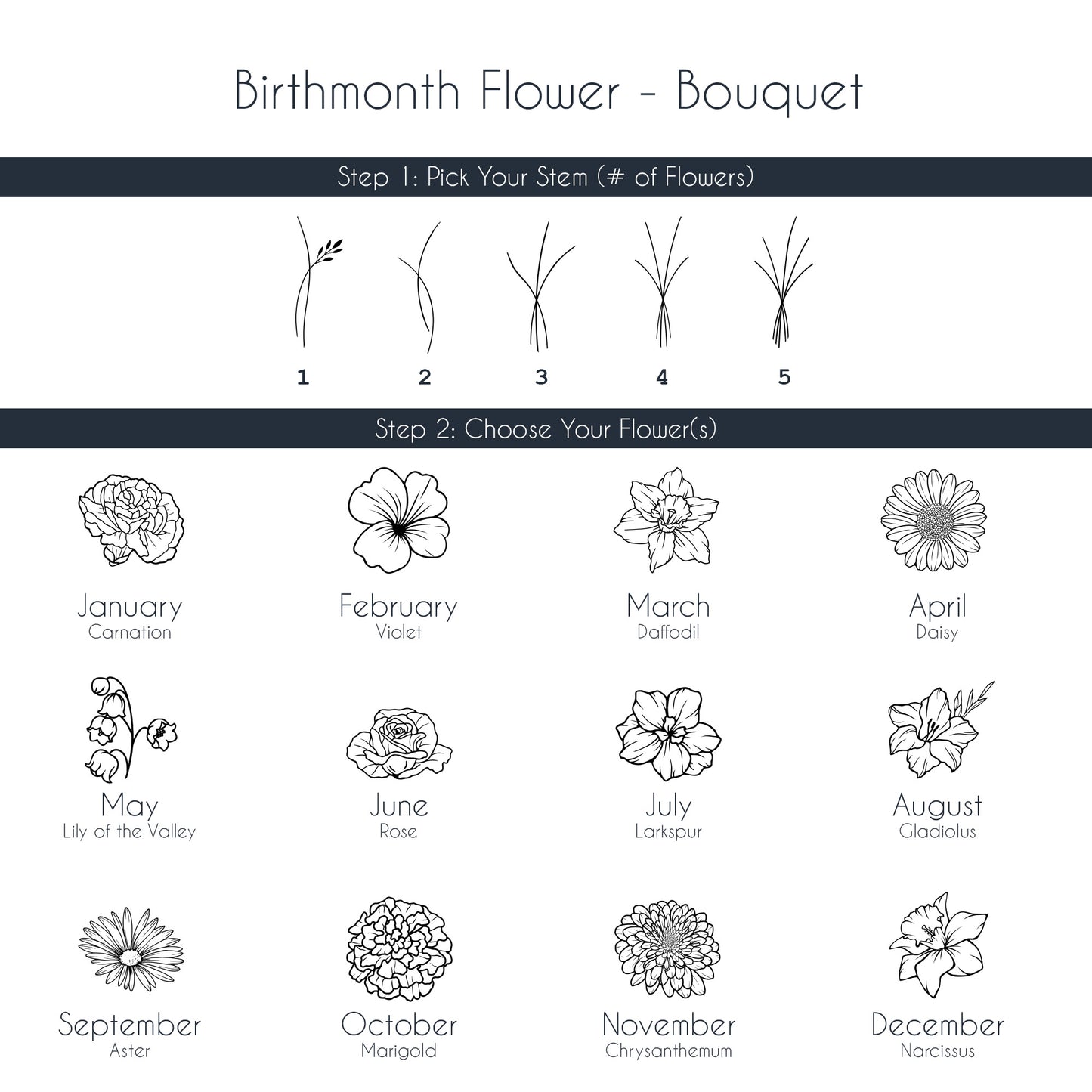 Engraving options for a birth flower bouquet, featuring custom stems and flowers for a unique and personal touch.