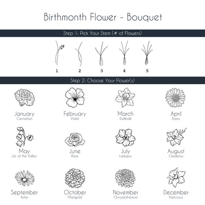 Engraving options for a birth flower bouquet, featuring custom stems and flowers for a unique and personal touch.
