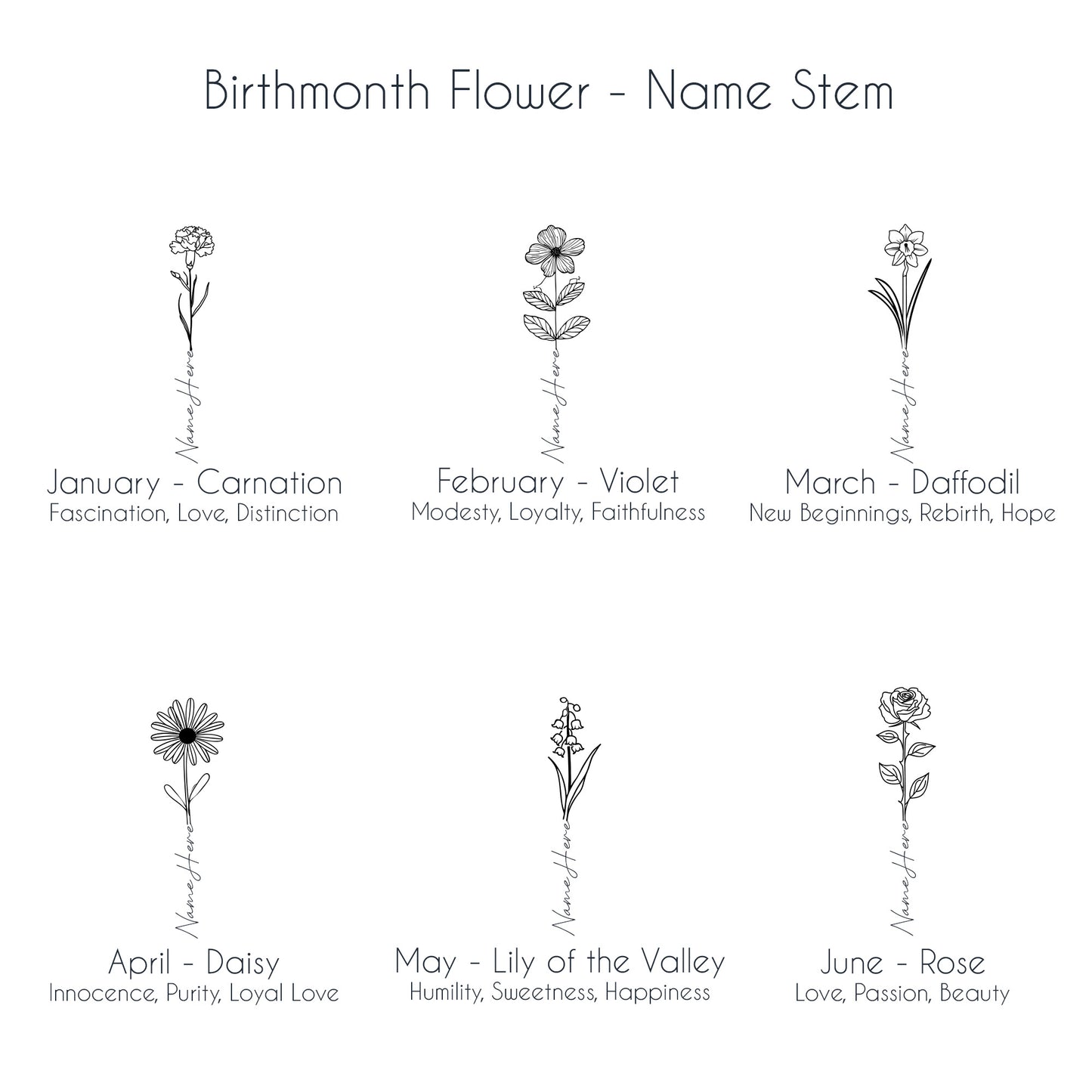 Birth flowers for January through June featuring customizable name stems for a personal touch in your engraving design.