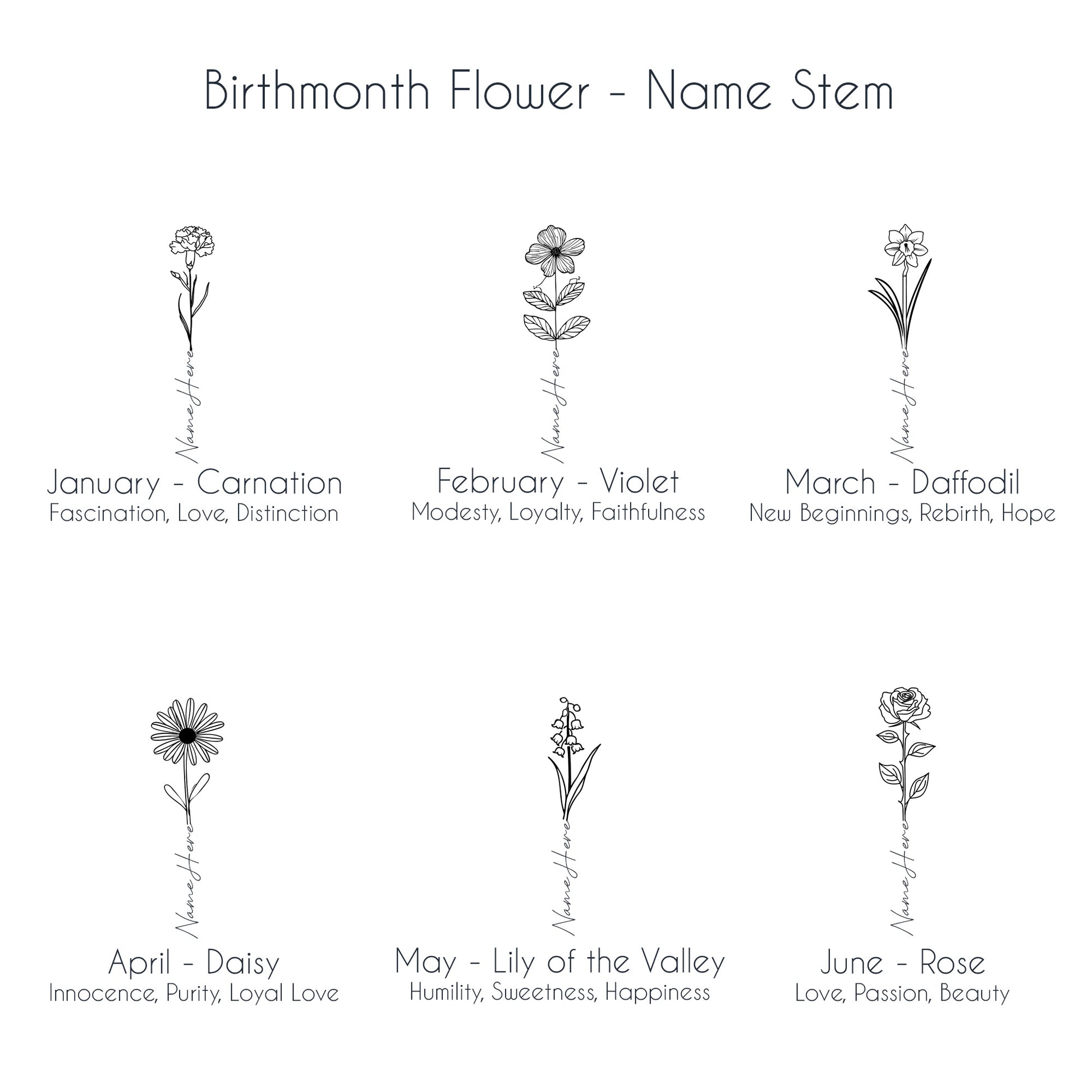 Birth flowers for January through June featuring customizable name stems for a personal touch in your engraving design.