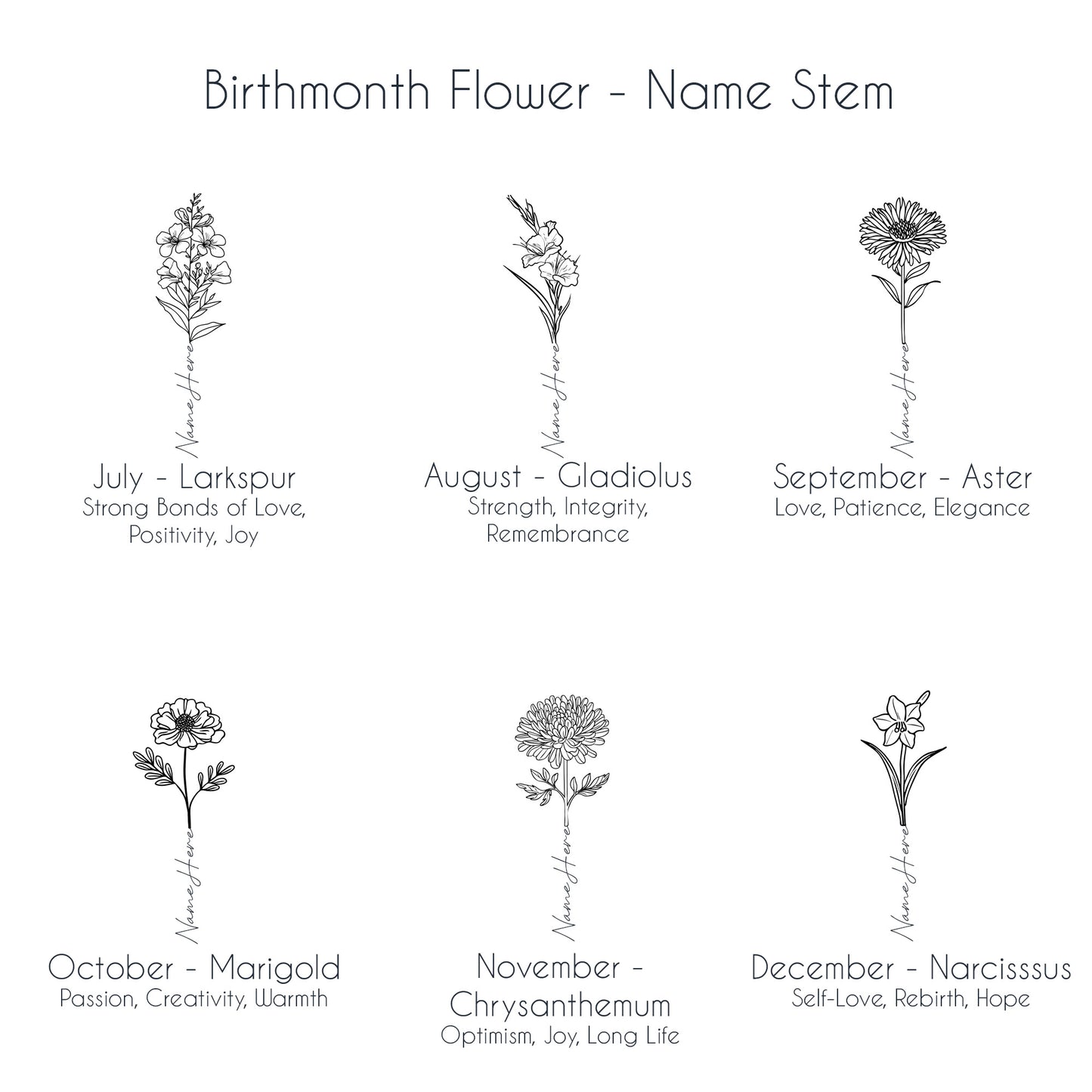 Birth flowers for July through December with customizable name stems, perfect for personalized engravings.