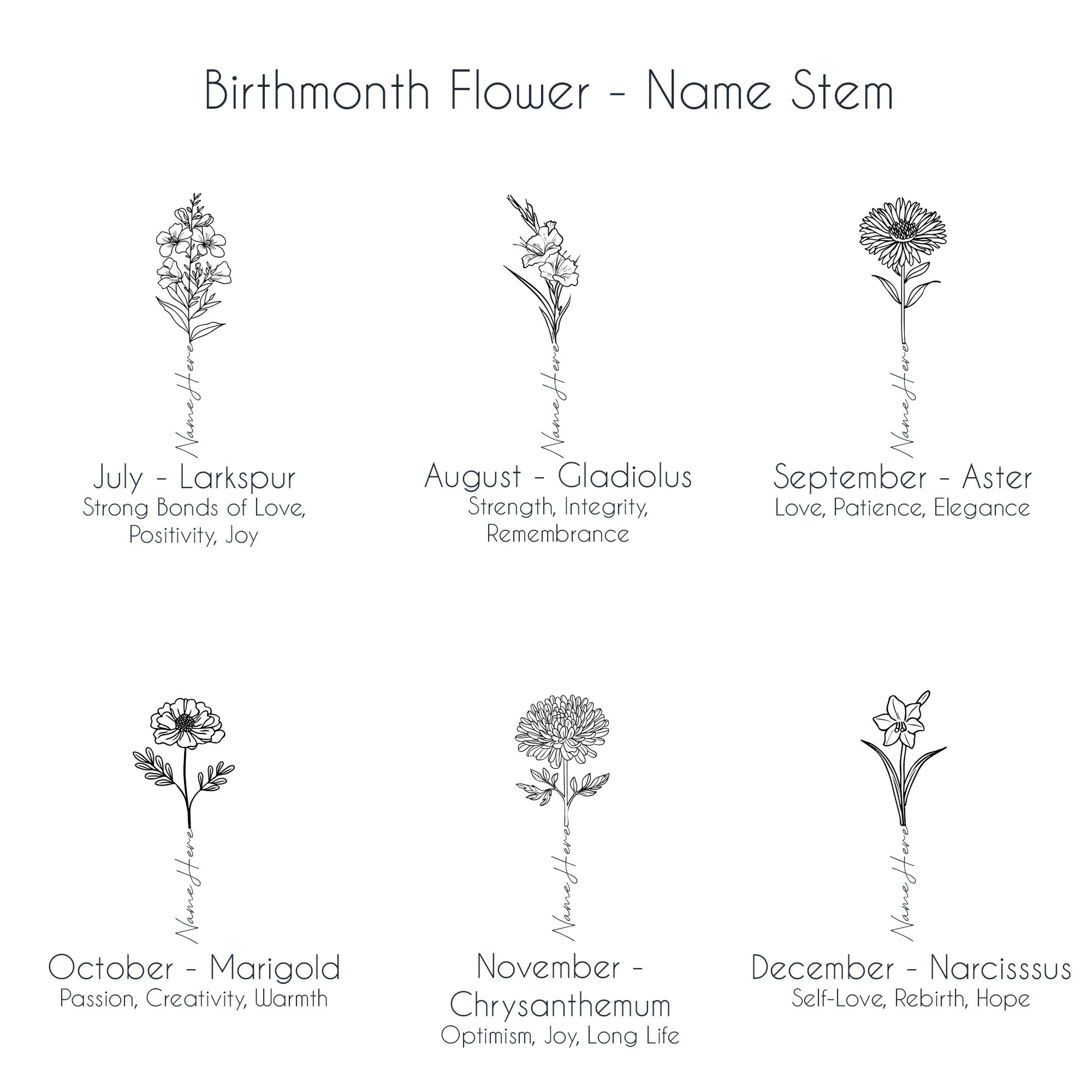 Birth flowers for July through December with customizable name stems, perfect for personalized engravings.