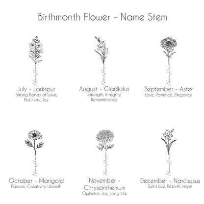 Birth flowers for July through December with customizable name stems, perfect for personalized engravings.