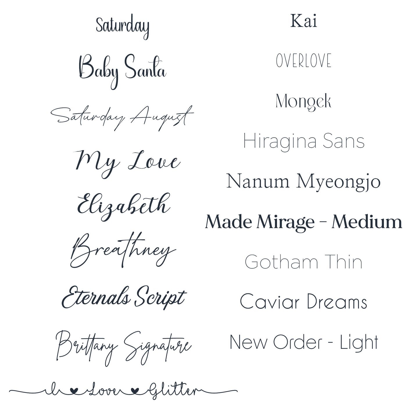 Font selection for custom engraving on jewelry. Choose from a variety of styles for personalized necklaces, rings, and more.