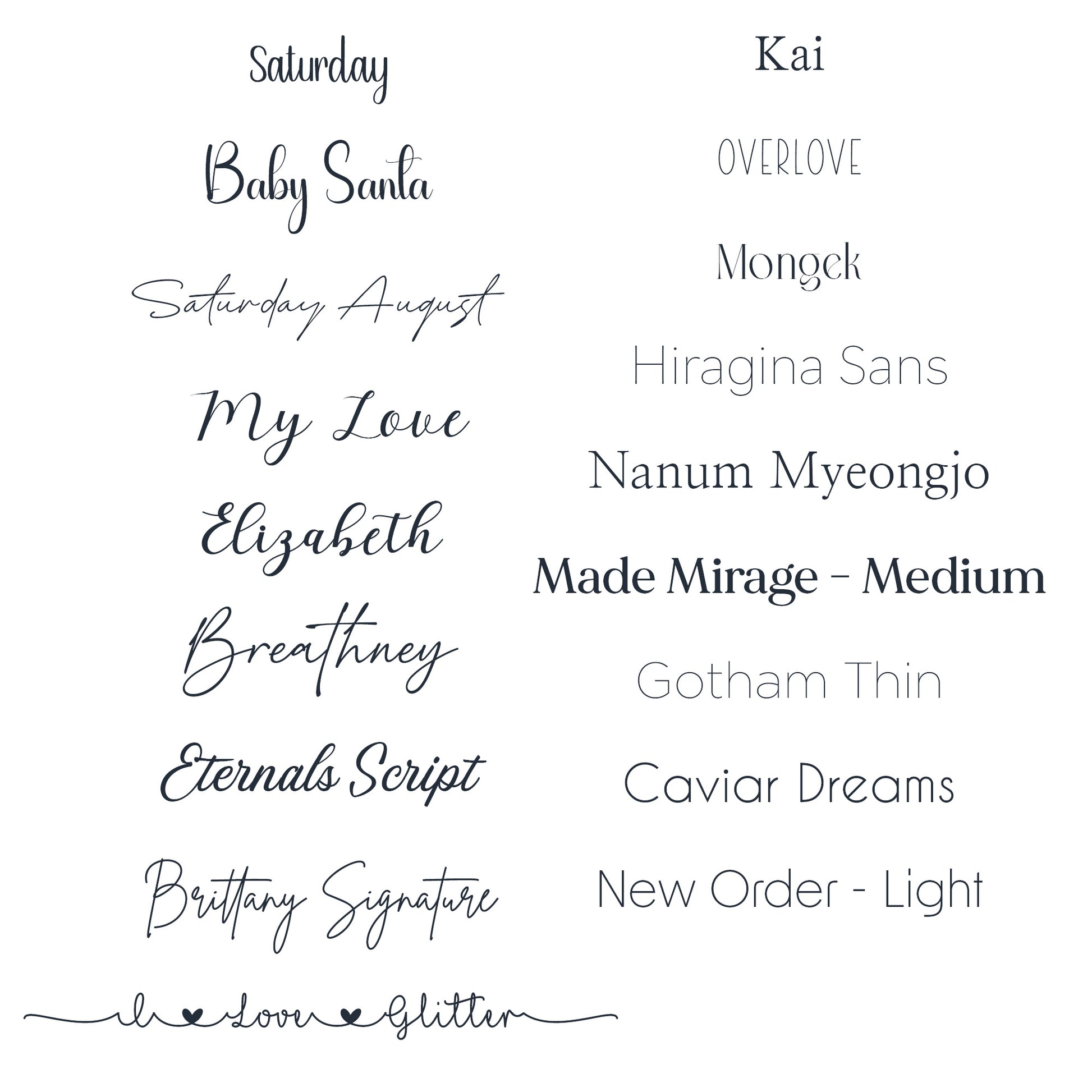 Font selection for custom engraving on jewelry. Choose from a variety of styles for personalized necklaces, rings, and more.