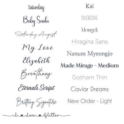 Font selection for custom engraving on jewelry. Choose from a variety of styles for personalized necklaces, rings, and more.