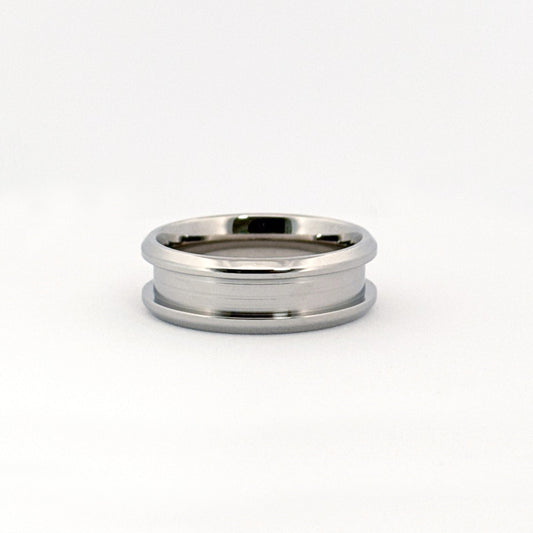 The Carter Ring in stainless steel, featuring beveled edges and multiple width options.